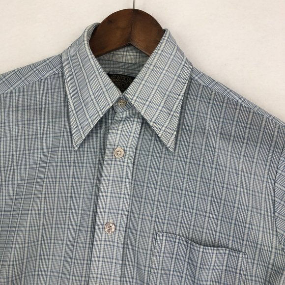 Sears VTG Mens Size 15 Blue Plaid Print Short Sleeve Button Down Dress Shirt - Picture 2 of 7